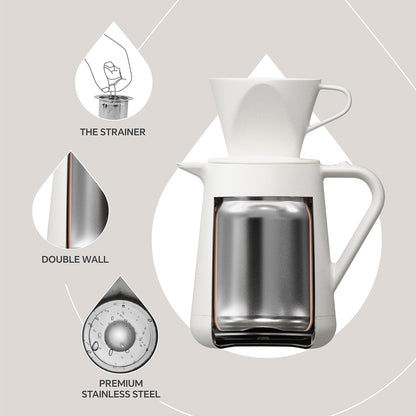 Ideus Insulated Pour Over Coffee Maker 20oz, Stainless Steel Coffee Pot Pour Over Set Camping Coffee Carafe BPA-Free with Dripper for Home, Office & Camping (White)