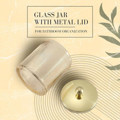 Glass Jar with Metal Lid for Bathroom Organization, Clear Apothecary Jar for Cotton Balls, Q Tips, and Small Accessories, Stylish Bathroom Storage Container Tan, Gold