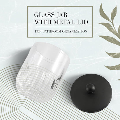 Glass Jar with Metal Lid for Bathroom Organization, Clear Apothecary Jar for Cotton Balls, Q Tips, and Small Accessories, Stylish Bathroom Storage Container Black