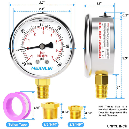 MEANLIN MEASURE -30inHG~100Psi Stainless Steel 1/4" NPT 2.5" FACE DIAL Vacuum Pressure Gauge, Lower Mount, with 1/4" x 1/2" NPT and 1/4" x 3/8" NPT Hex Bushing