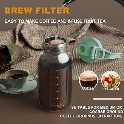 Cold Brew Coffee Maker Jar - 64oz Thick Glass Multipurpose Mason Pitcher Spout Lid with Handle & Stainless Steel Filter for Iced Coffee, Lemonade, Ice Tea, Homemade Fruit Drinks Container