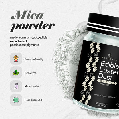 BeePoint White Edible Luster Dust 15g - Food Grade, Vibrant Color Shimmer Powdered Dust for Drinks, Cocktails, Cake Decorating, Baking, Chocolates, Candy, Sweets, & Cookies - Vegan & Gluten Free