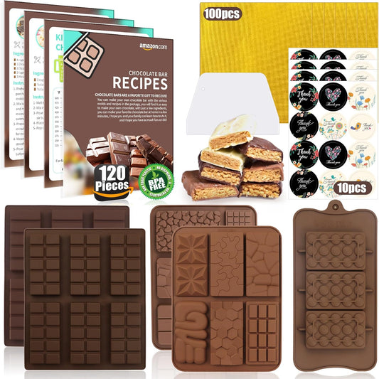 (120PCS) 6 Models Deep Chocolate Bar Mold - Food Grade Silicone Mold for Dubai Chocolate Bar Pistachio,With Recipes/Scraper/Wrapping Paper/Stickers