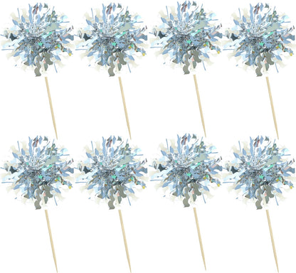 Ephlyn 30Pcs Foil Firework Cupcake Toppers Happy Birthday Cake Toppers Tinsel Flower Drink Stirrers Cocktail Food Fruit Toothpicks for Valentine's Day Party Decorations Silver
