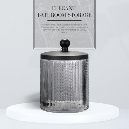 Glass Jar with Metal Lid for Bathroom Organization, Clear Apothecary Jar for Cotton Balls, Q Tips, and Small Accessories, Stylish Bathroom Storage Container Grey, Black