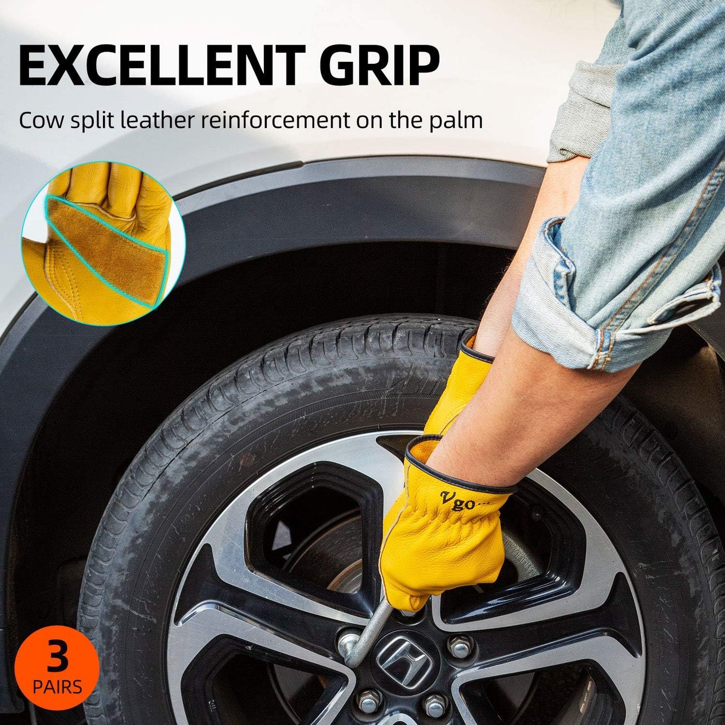 Vgo... 3-Pairs Unlined Cow Grain Leather Work and Driver Gloves with Cow Split Leather Palm Patch (Size M, Gold,CA9590)