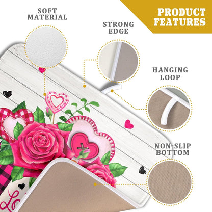 Valentine's Day Rose Flower Dish Drying Mat for Kitchen Counter,Mason Jar Pink Love Heart Drying Mat 16 x 18 Inch with High Absorbent Microfiber Drainer Mat for Coffee Bar