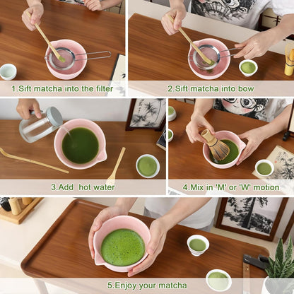 PHILORN Matcha Whisk Set 9Pcs Ceramic Matcha Kit Matcha Bowl with Spout, Whisk, Holder, Bamboo Scoop, Scoop Rest, Sifter and Tea Towe for Matcha Lover and Tea Ceremony (Pink)
