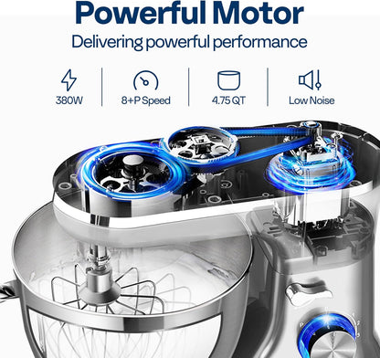 VIVOHOME 4.75 Quart Stand Mixer, 8 Speed Kitchen Electric Food Mixer, Household Stand Mixer for Baking, Cake, Bread with Beater, Dough Hook, Wire Whip and Egg Separator, Silver