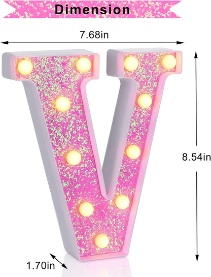 Foaky Pink Light up Letters，Pink Party Decorations,Girls Room Decor,Glitter Light Up Letters,Alphabet Letter Sign for Night Light Birthday Party Girls Gifts, Home Bar Decoration（V）