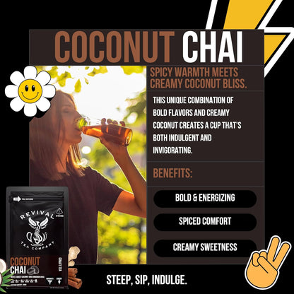 Revival Tea Company Coconut Chai Tea - Black Tea Blend with Fresh Spiced Chai and Coconut Flavor - 24 Tea Bags