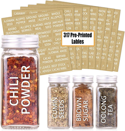 SWOMMOLY 25 Glass Spice Jars with 703 Spice Labels, Chalk Marker and Funnel Complete Set. 25 Square Glass Jars 4OZ, Airtight Cap, Pour/sift Shaker Lid