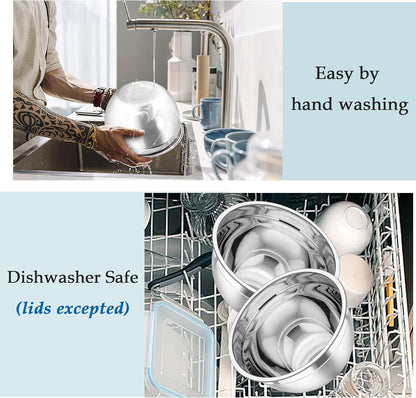 TeamFar Mixing Bowls, Stainless Steel Nesting Salad Bowls with Lids Set of 3 & 3 Grater Attachments, For Mixing/Serving/Storing, Non-toxic & Long-lasting, Size 4.6/3 / 1.5 QT, Navy Blue