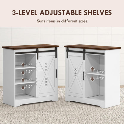 HOMCOM Farmhouse Coffee Bar Cabinet, 33" Buffet Sideboard with Sliding Barn Door and Adjustable Shelf, Kitchen Buffet Cabinet, White