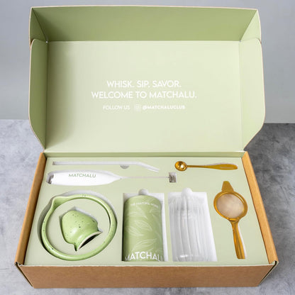 Premium 9 Piece Matcha Set Includes Ceramic Matcha Bowl, Bamboo Whisk & Holder, Stainless Steel Spoon & Sifter, Glass Cup & Straw, Electric Frother, Storage Bag - Gift for Matcha Lovers (Green)