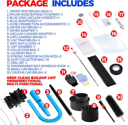 Holikme Dryer Vent Cleaner Kit, Include 30Feet Dryer Vent Cleaning Brush, Dryer Lint Vacuum Attachment, Lint Brush & Dryer Adapters, Blue