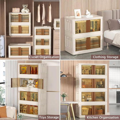 19Gal Collapsible Storage Bins with Lids & Wheels - 4 Pack Stackable with Doors, Heavy-Duty Plastic Cabinet for Home/Office, Milk White