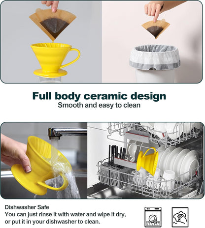 Pour Over Coffee Dripper - Ceramic Pour Over Coffee Maker Cone, Porcelain Coffee Drip, Pour Over Single Cup, Manual Brew Maker for Home, Cafe, Office - 1-4Cup, V60 Size 02 (Yellow)