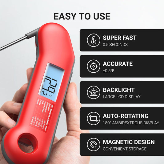 Professional Meat Thermometer Digital, Ultra-Fast 0.5 Sec Instant Read, NIST Certified ±0.5°F Accuracy, 100% Waterproof, Auto-Rotating Backlit Display, Lift-to-Wake, for BBQ/Cooking/Candy