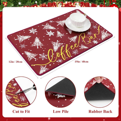SHACOS Christmas Coffee Mat 2-Pack 12x19 Absorbent Non Slip Coffee Maker Mat for Countertop Accessories Heat Resistant, Christmas Red