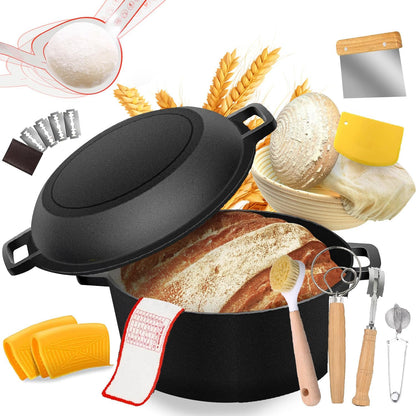 Cast Iron Dutch Oven Bread Baking Kit - 10-Piece Set with Banneton Basket, Dough Scraper, pizza shovel，Bread Lame, Whisk, Brush, and Silicone Grips with Skillet Lid Cooking Pan Handles Lame, 5QT