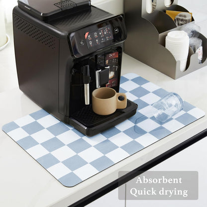 Checkered Dish Drying Mat for Kitchen Counter, Coffee Bar Station Accessories, Retro Cute Aesthetic Absorbent Coffee Mat Kitchen Drying Mat Easy Clean, Blue 12" x 19"