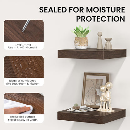 Square Floating Shelves for Wall, 12" W x 12" D x 1.2" H, Small Wooden Wall Mounted Display Shelves with Invisible Brackets for Living Room, Bedroom, Bathroom, Kitchen Decor, Set of 3, Walnut