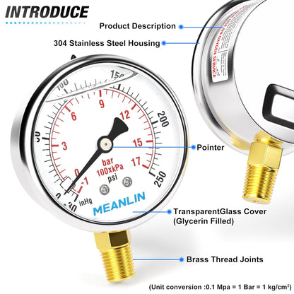 MEANLIN MEASURE -30inHG~250Psi Stainless Steel 1/4" NPT 2.5" FACE DIAL Vacuum Pressure Gauge, Lower Mount, with 1/4" x 1/2" NPT and 1/4" x 3/8" NPT Hex Bushing