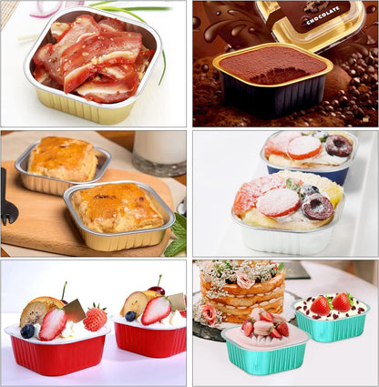 LNYZQUS 120pack/10oz Foil Mini Cake Tins with Lids 4”X4” Small Cake Baking Pans Cupcake Containers,Disposable Ramekins Mini Aluminum Brownie Pan Large Muffin Cups Holders-Cyan Blue