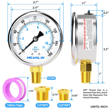 MEANLIN MEASURE 0~160Psi Stainless Steel 1/4" NPT 2.5" FACE DIAL Liquid Filled Pressure Gauge WOG Water Oil Air Lower Mount, with 1/2" NPT and 3/8" NPT Hex Bushing