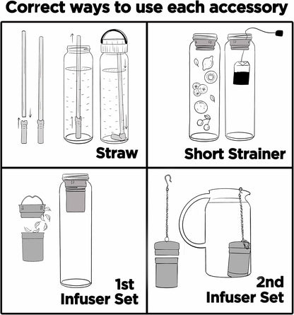 32oz Borosilicate Glass Water Bottle with Bamboo Lid and 2 Tea Infuser Sets for Fruit Infused Water and Cold Brew Coffee - Tea Strainer for Loose Leaf Tea (Flower)