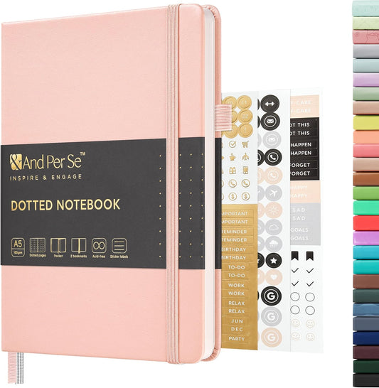 &And Per Se Dotted Journal Notebook, A5 Hardcover Leather Bullet Dotted Journal, 160 Pages 100 gsm Thick Dotted Paper，3 Sheets of Stickers Included - 5.7'' x 8''（Pink）
