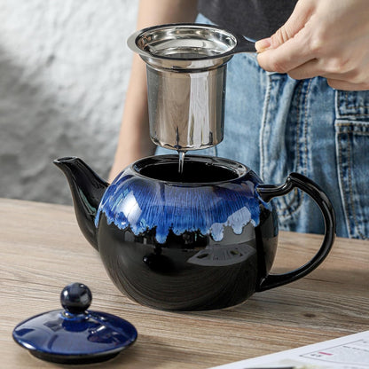 KOOV Tea Pot with Infuser for Loose Tea, 34 ounce Ceramic Teapot with Infuser, Enough For 6 Cups, Tea Pots with Tea Strainers for Tea Party, Reactive Glaze (Nebula Blue)