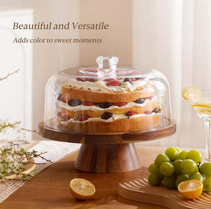 HBlife Cake Stand with Lid (11.4"), Multifunctional Cake Stand with Acrylic Dome, Acacia Wood 6-in-1 Cake Plate Display Stand with Cover for Baking Gifts, Birthday Kitchen Parties, Weddings