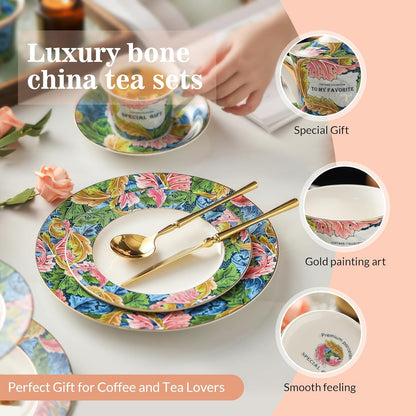 ACMLIFE Porcelain Tea Set for Adults, 15-Piece Green Bone China Tea Set for Women, Tea Cups and Saucers Set Service for 4, Gift (green, large set 13)
