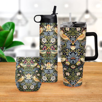 RainCaper 18/8 Stainless Steel Insulated Water Tumbler with Straw | 30oz, BPA-Free, Double Wall for Hot & Cold | Travel-Friendly, Cup Holder Ready (William Morris Morris Strawberry Thief)