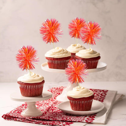 Gyufise 30Pcs Foil Firework Cupcake Toppers Sparkle Tinsel Cake Toppers Tinsel Drink Cake Decoration Cocktail Picks for Birthday Wedding Graduation Party Supplies Dark Orange