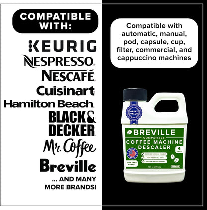 Breville Espresso Machine Compatible Descaler - 1 YEAR SUPPLY - Concentrated Descaler for Breville - 16 oz Coffee Maker Cleaner for Breville, Nespresso, Delonghi, Espresso Machine - 4 Uses