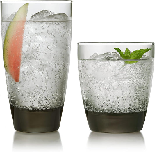 Libbey Classic Rocks and Tumbler Glasses Set of 16, Smoke Hue, Lead-Free Water Glasses, Dishwasher Safe Drinking Glasses Set