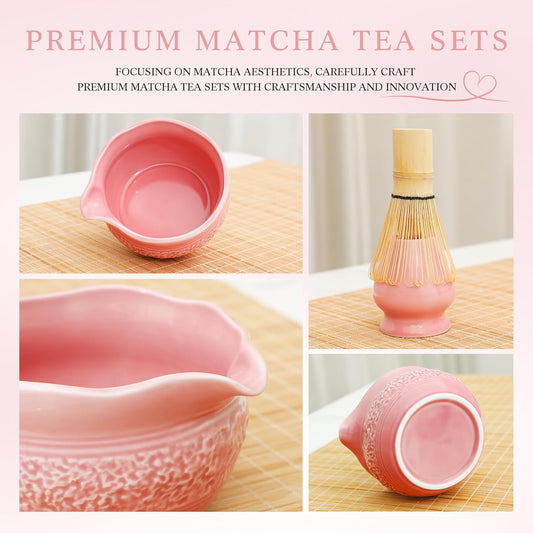 Matcha Whisk Set, Pink Matcha Set, 8 Pcs Complete Ceramic Matcha Making Kit with Bowl, Bamboo Whisk & Holder, Stainless Sifter, Tea Towel, Scoop & Scoop Rest, Perfect for Beginners & Lovers