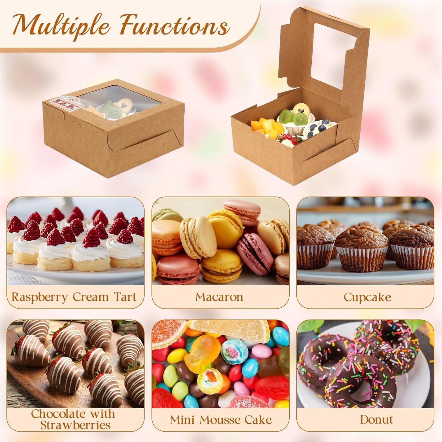 OAMCEG 80 Pack Cookie Boxes with Window, 6x6x3 Inches Brown Bakery Treat Boxes with Stickers & Twine for Pastry, Desserts, Strawberries, Cupcakes, Gift Giving
