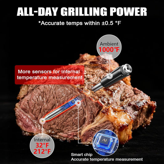 Smart Wireless Meat Thermometer, [2025 New ]，2 Upgraded Ultra-Thin Probe，No App＆Large HD Touch Screen，800FT Range，1000°F Heat Safe,IP67 Waterproof,Perfect for Kitchen, BBQ, Grill, Oven, Smoker