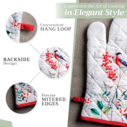 Maison d' Hermine 100% Cotton Oven Mitt & Pot Holder Set (7.5"x13" & 8"x8") Heat Resistant BBQ Cooking Gloves with Loop, Baking, Grilling, Kitchen, Handling Hot Pans (Morzine)