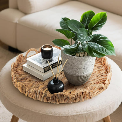 Round Ottoman Tray Large Wicker Serving Tray with Handles for Coffee Table, 20 Inch Handwoven Natural Water Hyacinth Tray Scalloped Edges