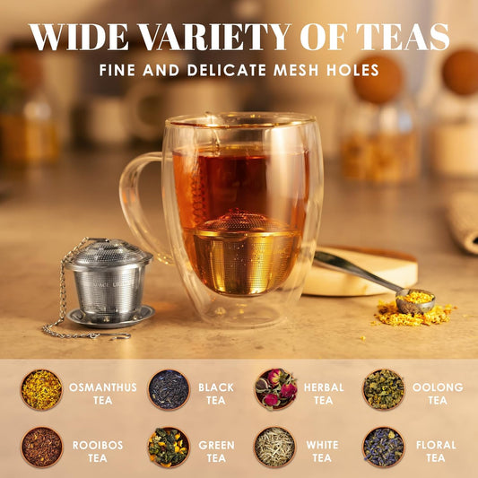Tea Infuser (Set of 2) with Tea Scoop and Drip Dray - Ultra Fine Tea Strainer for Loose Leaf Tea - Stainless Steel Tea Steeper for a Superior Brewing Experience