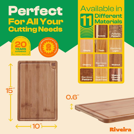 Riveira Brown Bamboo Wood Cutting Board – Gourmet Bamboo Grandeur: 15 x 10 Wooden Cutting Board – Wooden Cutting Boards For Kitchen Decorative – Innovative Juice Grooves Wooden Chopping Board