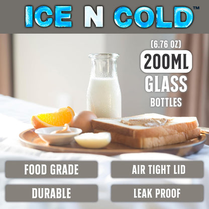 6.76 oz / 200ml Vintage Glass Bottle with Leakproof Clear Lid, Reusable & Eco-Friendly – Ideal for Milk, Juices, Smoothies, Infused Water, BPA-Free Glass Bottle (6-Pack)