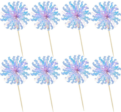Ephlyn 30Pcs Foil Firework Cupcake Toppers Party Birthday Cake Toppers Supplies Sparkle Tinsel Cocktail Fruit Toothpick for Birthday Wedding Graduation Party Light Blue