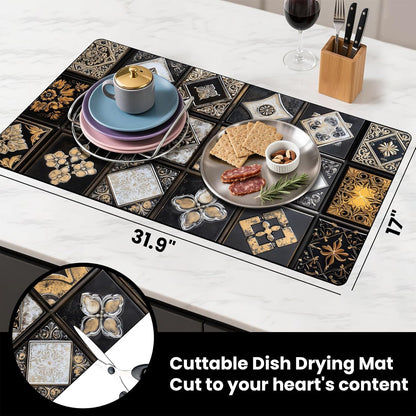 17"x 32" Coffee Bar Mat, Gingham Absorbent Dish Drying Mat Cuttable Hide Stain Draining Table Pad for Kitchen Counter, Coffee Bar Accessories