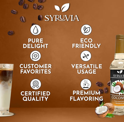 Syruvia Coconut Coffee Syrup - 25.4 fl oz. Premium Coffee Flavoring Syrup. Kosher, and Gluten-Free. Perfect for Enhancing Drinks, Sodas, Shakes, Desserts, and More.
